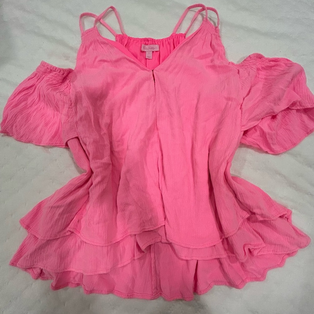 Lilly Pulitzer NWOT Off-the-Shoulder Ruffle Top Size Large Hot Pink - Picture 3 of 5